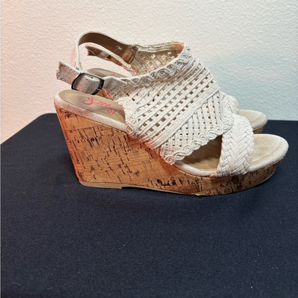 Jelly Pop Hestia Crochet Cream Ankle Strap Cork Wedge Sandal Boho Size 7M